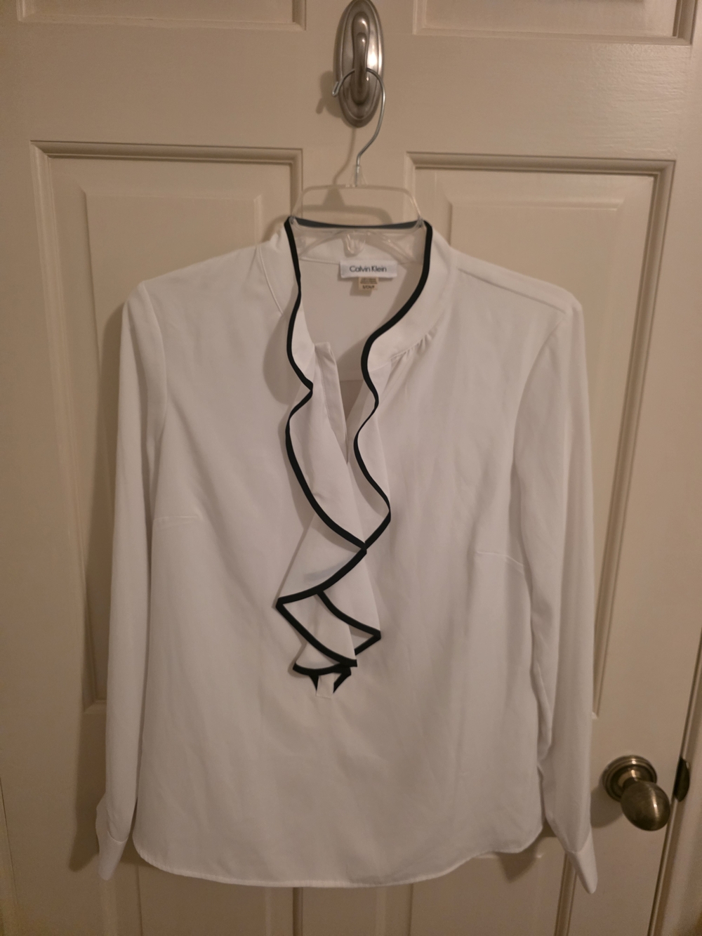 Calvin Klein White Ruffle Front Long-Sleeve Blouse with Black Trim